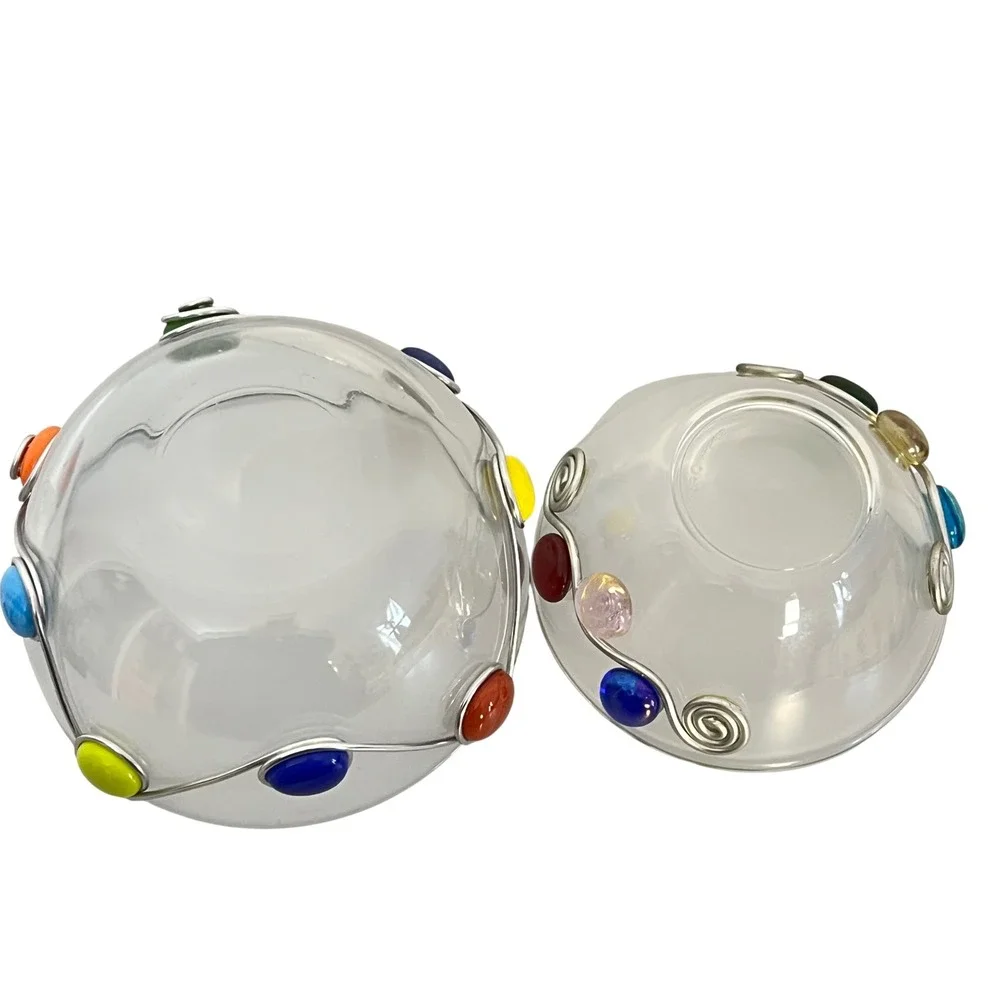 Set of 2 ARC FRANCE‎ Clear Glass Bowls Swirl Wire Colorful Gem Accent